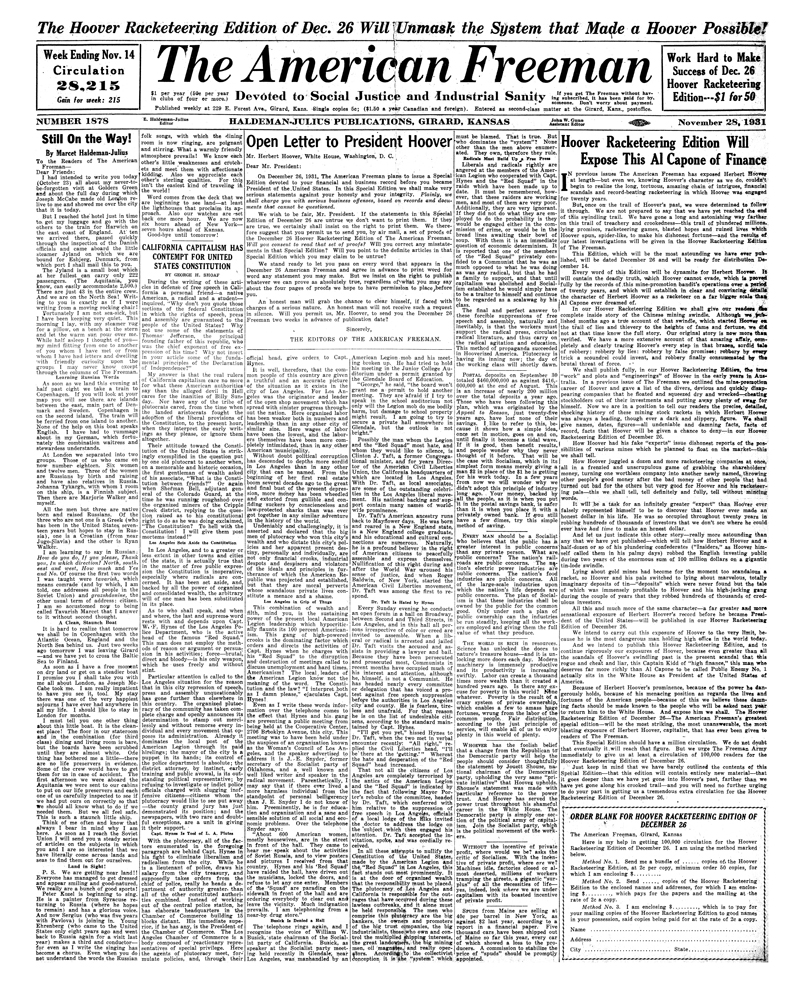 (image for) The American Freeman, Number 1878, Nov. 28, 1931 - Click Image to Close